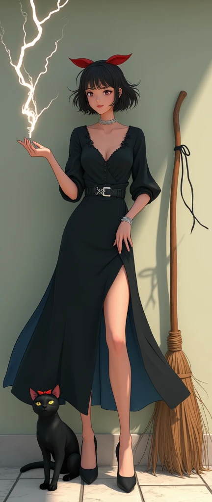 Hayao Miyazaki「Kikis Delivery Service 」The sorceress in Kiki , Photo realistic style CG, Fresh, Mature,  Sexy , Sweet, gentle, Strong , Strong , Confident, professional,  perfect facial features, Left hand clenched fist at waist ,  flying broom resting nex...