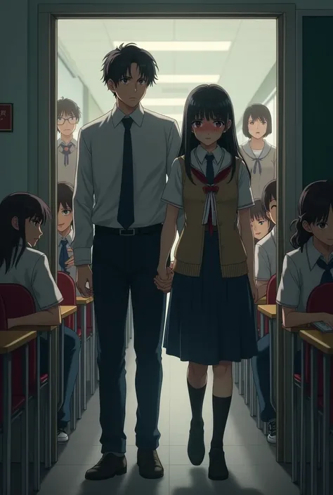 student in school uniform.  crying.  leaving the classroom. The father accompanied her. Tem putros estudandes na sala de aula