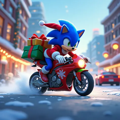 Sonic delivery boy in Christmas motorcycle delivery