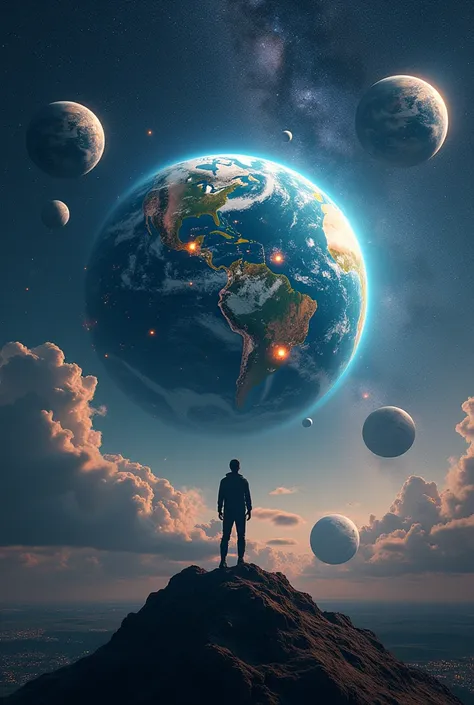 (photorealism:1.2), portrait size, earth, many other earth like planet behind earth, star constellation, galaxy background, human silhouette, no ground, center earth, high tech cities, 