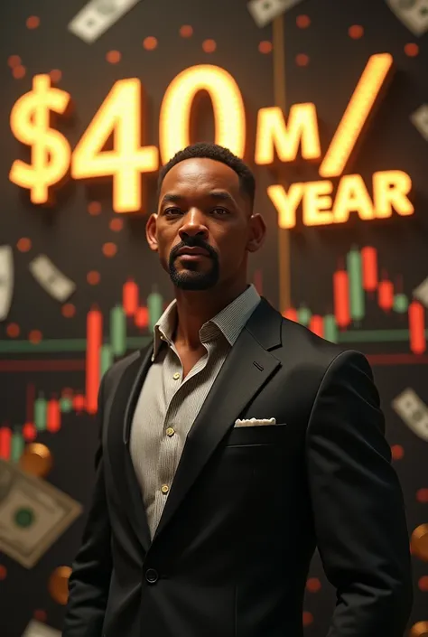 An image showing "$40M/Year" in golden text. money bills floating in the air. will smith standing in middle, infront of a board showing graphs of stock