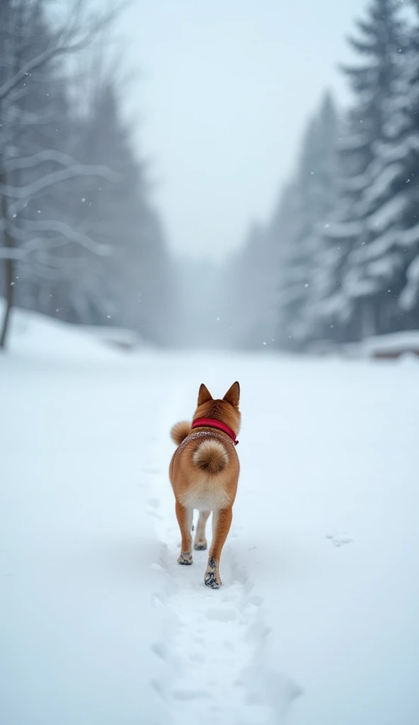 A serene winter scene featuring a Shiba Inu walking far away in the distance through a snow-covered landscape. The dog is small in the frame, with its red collar barely visible, and leaving tiny paw prints in the fresh snow. The background features expansi...