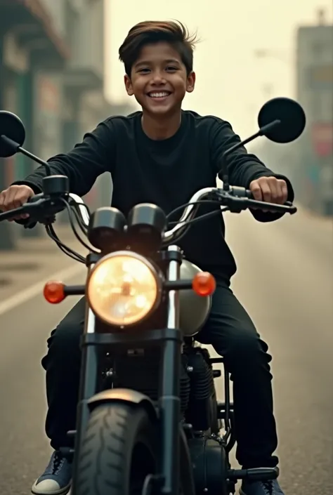 A boy  ride a motorcycle with smile face and wear black clothes. Write the quotation which said " you are write, Im pericous" on the image. Use Netflix cinematic image. Please, please write the quotation on the image