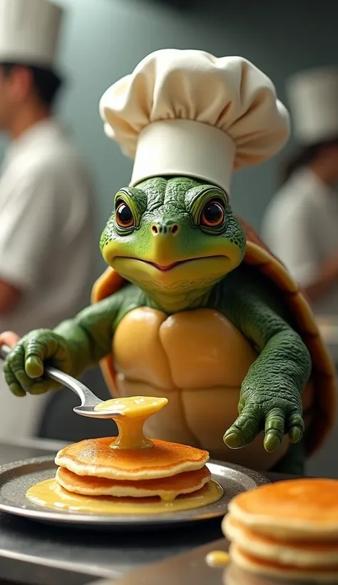 A turtle in a tiny chefs hat, flipping pancakes in a bustling kitchen.