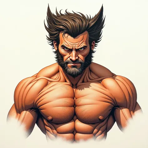 handdrawn wolverine shirtless with hairy chest, colored with color pencils