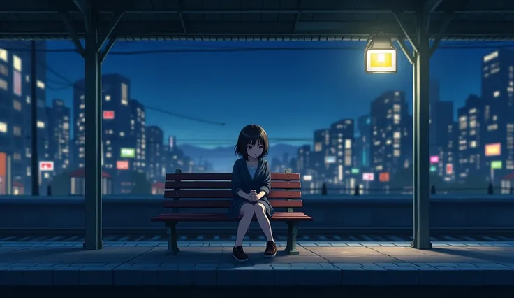 
 anime girl sitting on a bench at a train station at night, beautiful anime dinner, tokyo anime dinner,  Anime style mixed with Fujifilm ,  anime vibes , anime.  soft lighting , nightcore, anime aesthetic, anime background, and sad, lonely girl waiting fo...