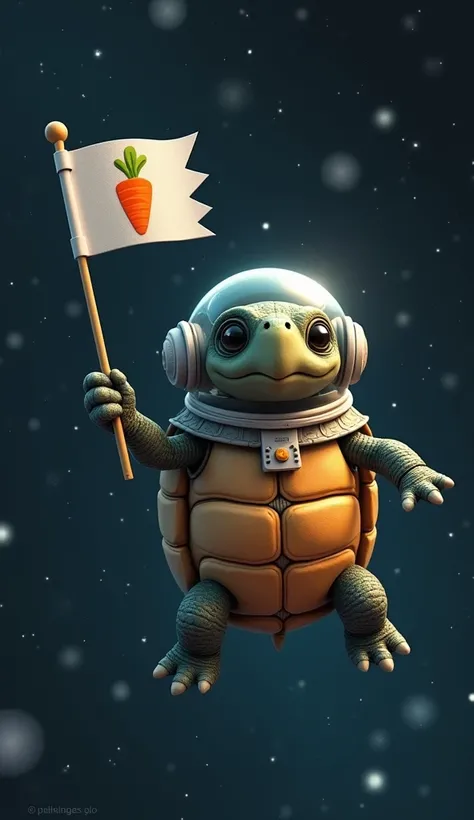 A turtle floating in space wearing an astronaut helmet, holding a flag with a carrot on it.