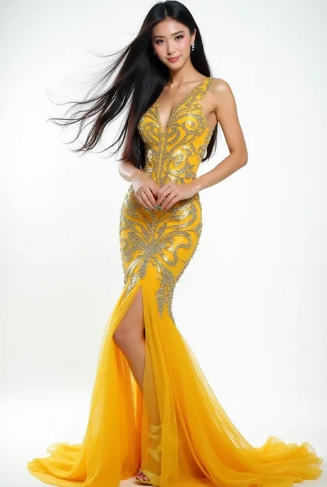 Miss Earth Korea with flowing straight black hair, impressive Asian makeup, is posing professionally but impressively to show off her slim waist against a white background, she is wearing a dress. Yellow gold mermaid evening gown with glittering sequins li...