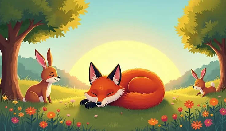 A serene cartoon scene of the red fox curled up peacefully on a soft patch of grass surrounded by colorful wildflowers. The rising sun casts golden rays across the blue sky, while nearby animals—like a rabbit and a deer—peek out curiously from the trees.

