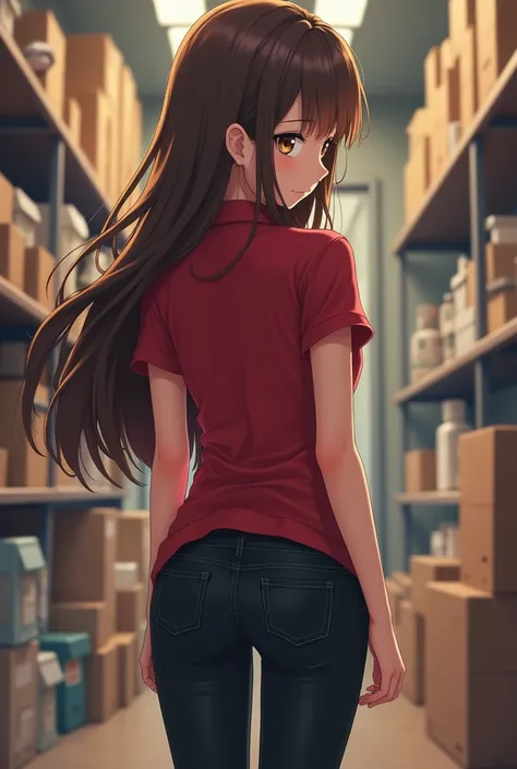 Young anime woman in a storage room, with long brunette hair and brown eyes, wearing red skinny polo shirt with short sleeves and black skinny jeans, looking with smile, view frоm her back