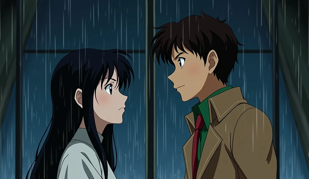 "An anime-style illustration of a dramatic scene featuring a young man and a young woman standing face-to-face in the rain. The characters are separated by a thin vertical window frame or a division line, emphasizing emotional tension or distance. The youn...