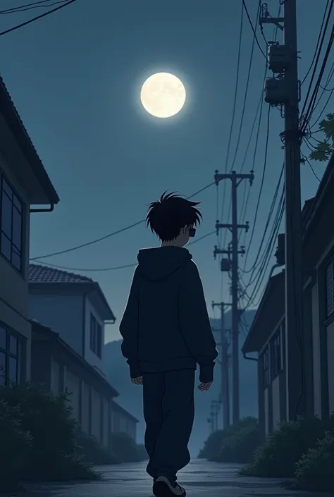    Black-haired boy in a black sweatshirt walking sad anime-style with dark sunglasses, afternoon, afternoon, He is looking at the moon from the back  