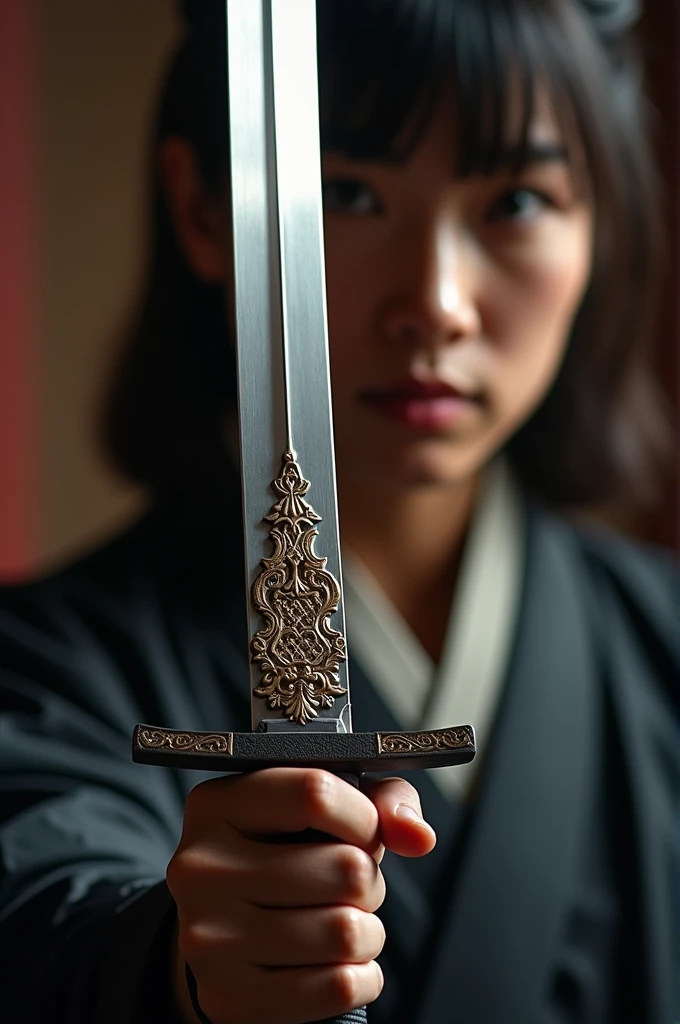 A low-angle shot frames a majestic close-up of a finely crafted samurai sword, its razor-sharp edge glinting softly under warm lighting, as intricate ornaments seem to dance across its surface. The swords confident pose, held firmly in one hand, exudes pow...