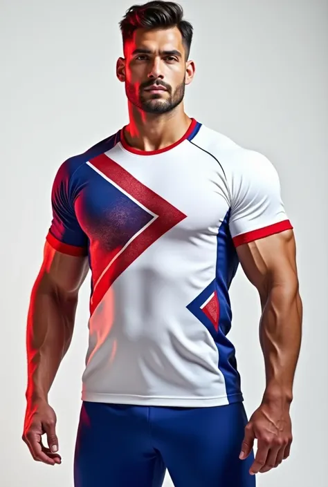  A volleyball t-shirt for mens version using the colors white, red and blue prioritizing white. Showing the front and back