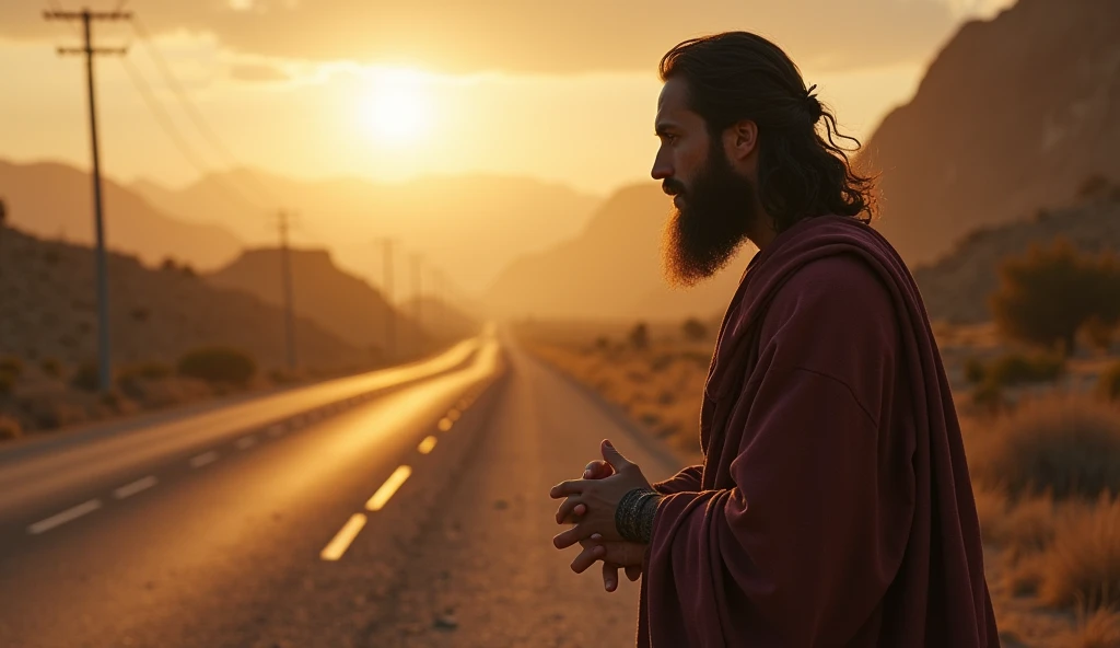 scenario: Road to Damascus ,  after the heavenly vision .

 Detailed Visual Description :

Saul:

location: standing,  still shaken by experience .

Appearance:  Expression of humility and submission.

Environment: deserted road,  with the light slowly fad...