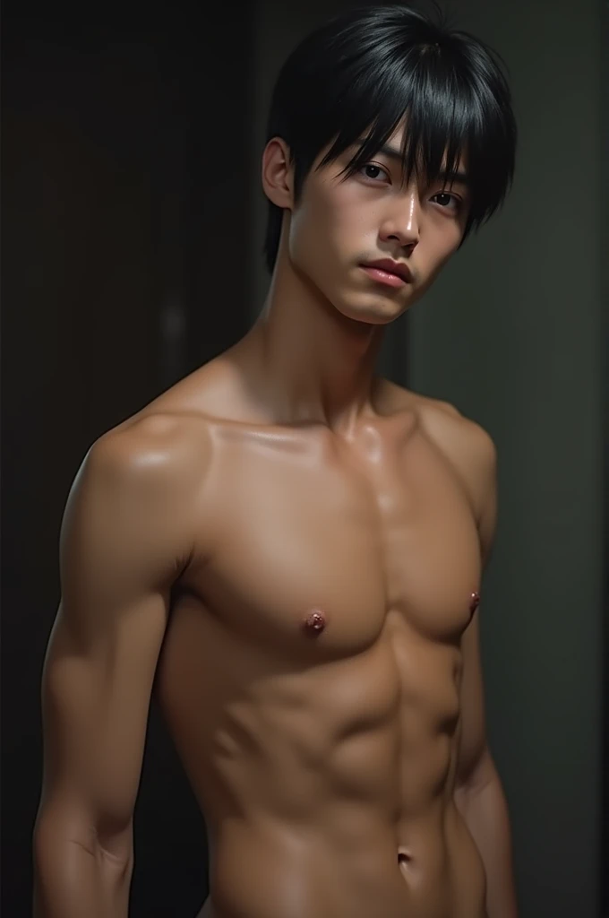 high quality, (japanese 15 y/o boy ), (detailed eyes), (black short hair), (abs), naked, (dark shiny skin), (detailed puffy nipples), looking at viewer, (upper half of the body), with a big cock (dripping out dome cum and with lot of veins)