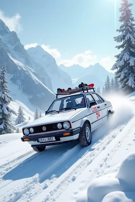 A white tinted Volkswagen Jetta with registration number 504 snowboards down a steep slope