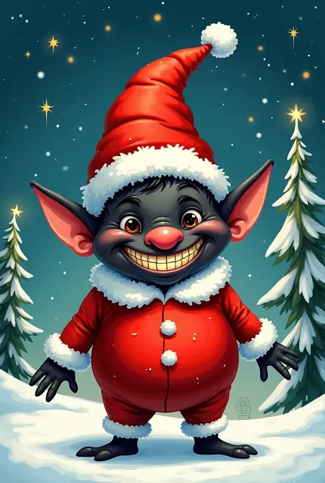 CARTOON OF A TOOTHLESS BLACK CHRISTMAS ELF