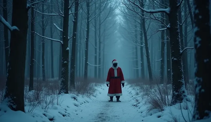 A forest in winter, it is snowing, it is night, it is dark, within the darkness of the forest, monstrous creatures with Santa Claus suits can be seen. hidden in the darkness. The scene is one of terror and desolation. great quality in detail.