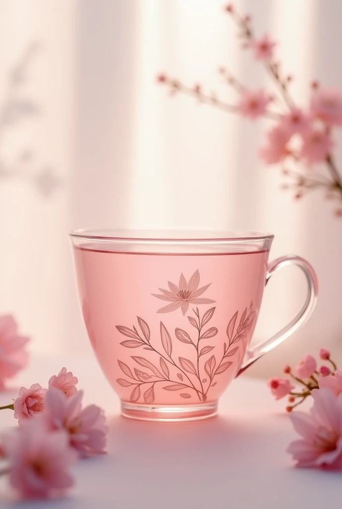 A clear cup  ,  that has a pink color with flowers and that looks like aestethic 
