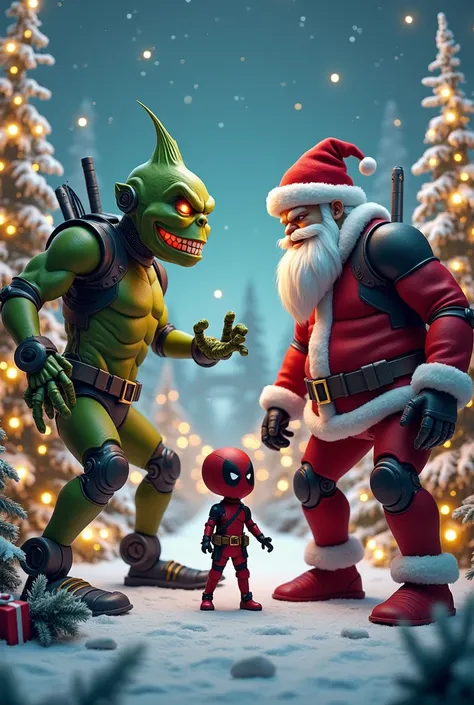  Grinch robot fighting with Santa Claus robot, Deadpool is the referee of the fight ,  special environment with Christmas lights  