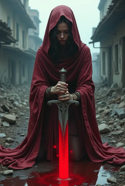 young woman, dressed in a long red cloak, kneels amidst the ruins of a forgotten city. She holds a sword, its blade glowing an ominous red, plunged into a pool of blood. Her posture is one of deep sorrow, her eyes closed as if lost in thought. The overall ...