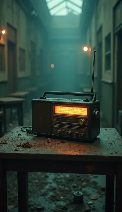  An abandoned radio on a metal table ,  with signs of rust and dust , It emits a faint light . around,  there is an empty and silent environment ,  but the echo of the distress message still seems to haunt the space.