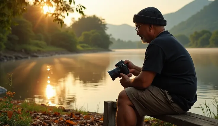 A 50 year old Thai man with a plump build, wearing glasses, a black short-sleeved T-shirt, brown shorts and a black woollen hat covering his head. A camera is placed beside him, sitting on an old wooden bench on the river bank. His shadow is reflected on t...