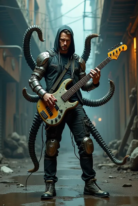 
DR OCTOPUS GUITAR FROM THE MOVIE SPIDER-MAN  ,  HUMAN BEING Q IMPLANTED STEEL TENTACOLUS ON HIS BACK USING A MUSICAL INSTRUMENT AGAINST THE BASS IN HIS HAND