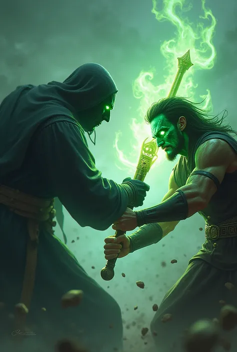 A man with a green face shooting at a man with his mythical iron rod
