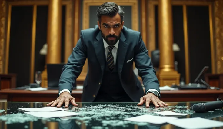 " A wide-angle image of a luxurious office with gold and black decoration, a broken glass table in the center . on the table,  scattered papers and a folded microphone symbolize chaos .  a man in his 40s , with dark brown skin,  well-trimmed beard and stri...