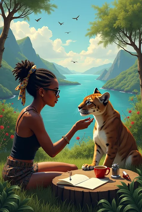 In a Caribbean and mystic context, a portrait art consist of the following. In the background, there are mountains, ocean, birds and trees. In the midground, in a Caribbean context backyard on top of a mountain, surrounded by trees, Caribbean trees, bushes...