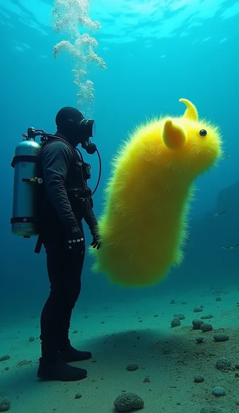  Create the image of a diver wearing a diving suit and oxygen cylinder on the bottom of the sea. . It closely observes the gigantic yellow-colored, furry looking sea slug . The sea slug is shaped like a tardigrapher . 