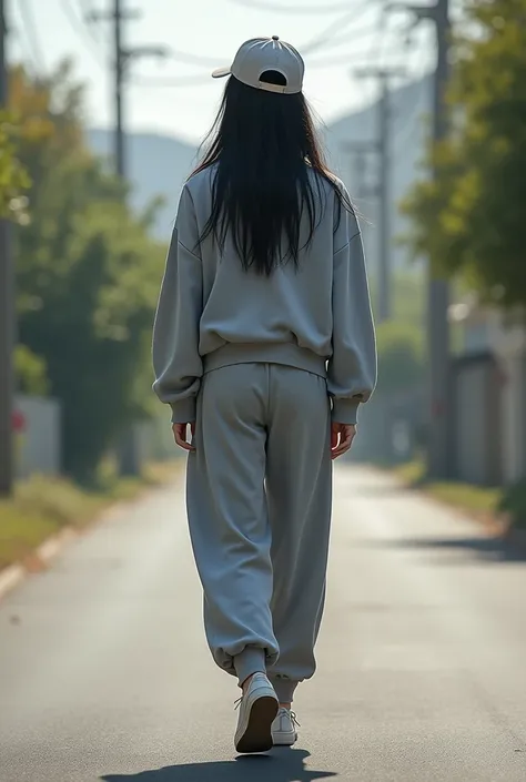   realistic, female,   in pajamas  , On the road , walking, wide grey sweatshirt pants, padding, shot,   black hair , hat