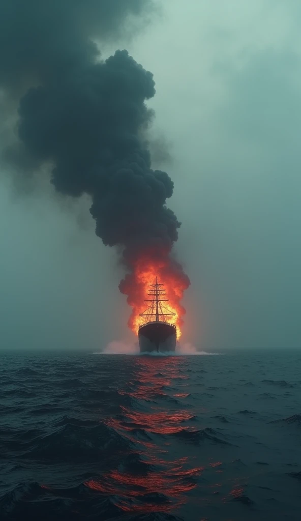  The ship SS Ourang Medan disappearing in an explosion of supernatural flames on the horizon.  Details of thick fog and tons of red and black dominate the scene , leaving a trail of mystery and uncertainty about its final destination .