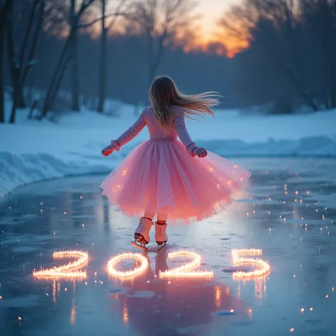 Beautiful girl in a ball gown Lovely skates on an icy lake, magic light emanates from her skates , A skate trail writes text on ice"New Year 2025" view from above , Very colorful, like a dance,  masterpiece fails, bright colors, 8 k,  Best quality ,  as mu...