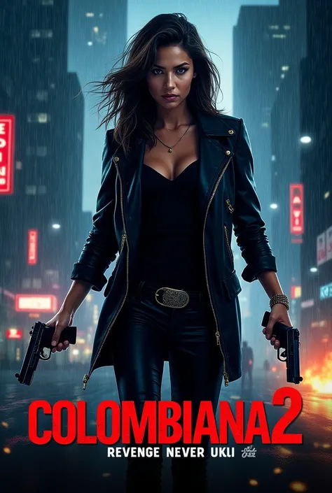 Create a poster for the movie "Colombiana 2"
The poster has a main color tone of blue, gray, red and black, creating a gloomy, dangerous and action-packed feeling. The poster layout focuses on the image of the female protagonist in the center, along with t...