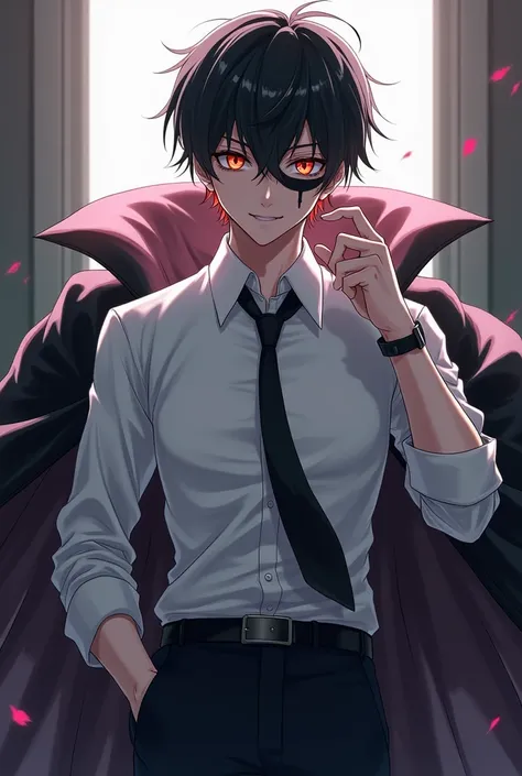  describe me anime handsome guy in a black tie white shirt whose shirt is  and colored eyes then in his left eyelid is black and hair is black and poses like a villain