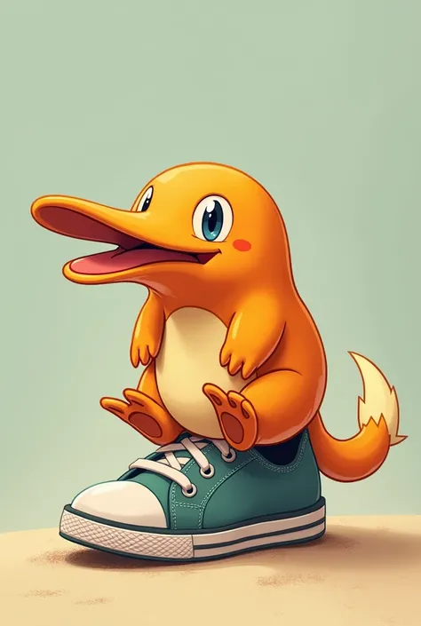 An orange pokemon with a long mouth while sitting on a shoe
