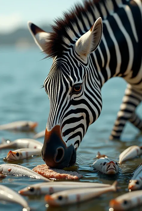 a zebra eating cooked litte grey Turkish anchovy and other alive anchvonies are so shocked