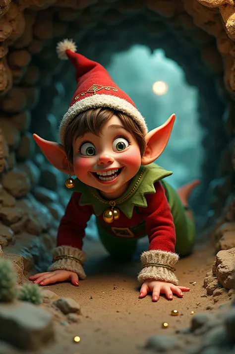 Un lutin se Noël qui rampe dans un tunnel