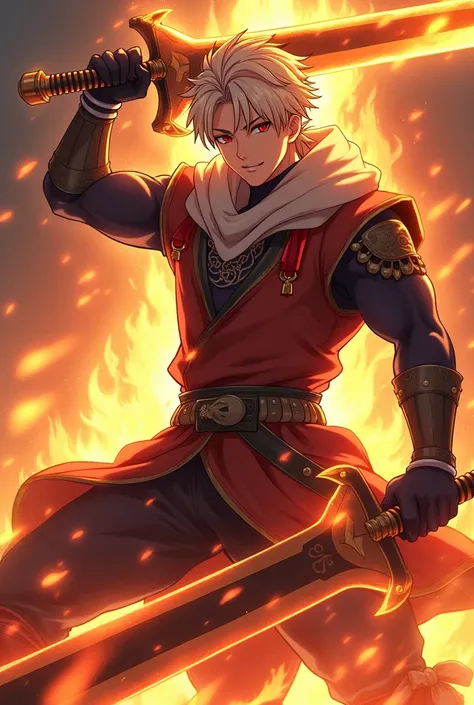 Would you make me an anime game character that looks like ,  has the power to control the fire element and this is evident in the small details that it possesses, çift elli büyük ve yine aynı şekilde cool  bir kılıç kullanan, muscular, cool , Do you create...