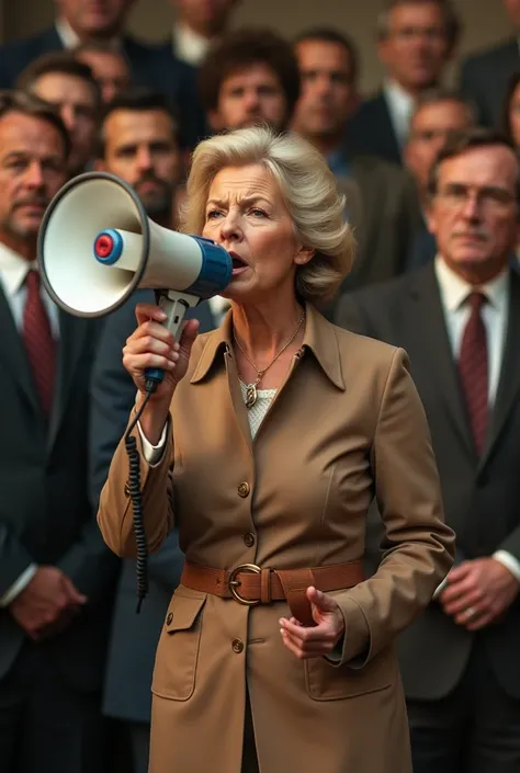 A conservative preaching woman from the 70s
 And with a megaphone in his mouth, This image with people in the back dressed in suits
