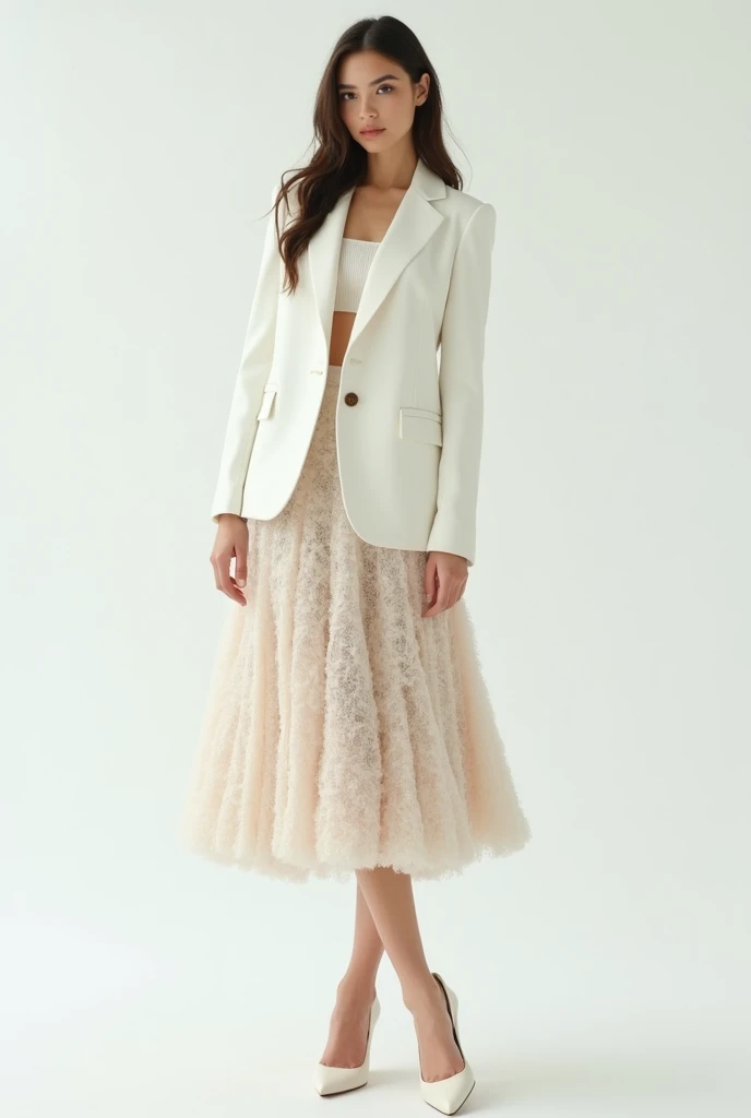 a structured blazer with a fluffy skirt for a medium size pale complexion woman posing on a white background