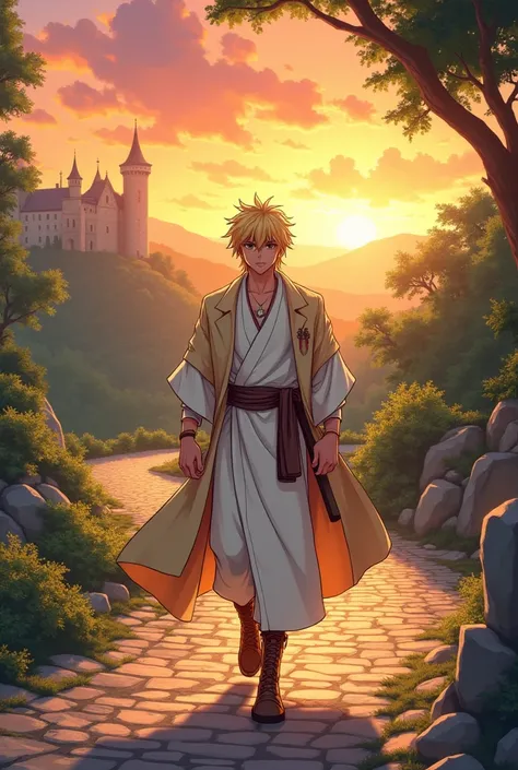  Draw a blond man about 18 years old wearing a white robe, feet in shoes, Sword jacket on the shoulders walks the medieval road,  anime style 