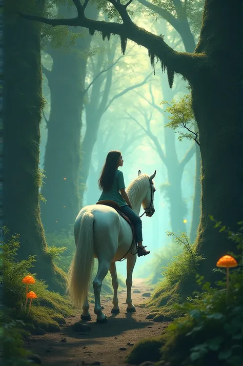 A girl on a white horse rides through a mystical forest with glowing moss-covered trees. Strange creatures peek out from the shadows as soft light illuminates the path. The atmosphere is filled with magic and mystery.  