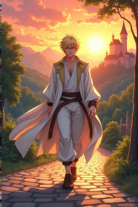  Draw a blond man about 18 years old wearing a white robe, feet in shoes, Sword jacket on the shoulders walks the medieval road,  anime style 