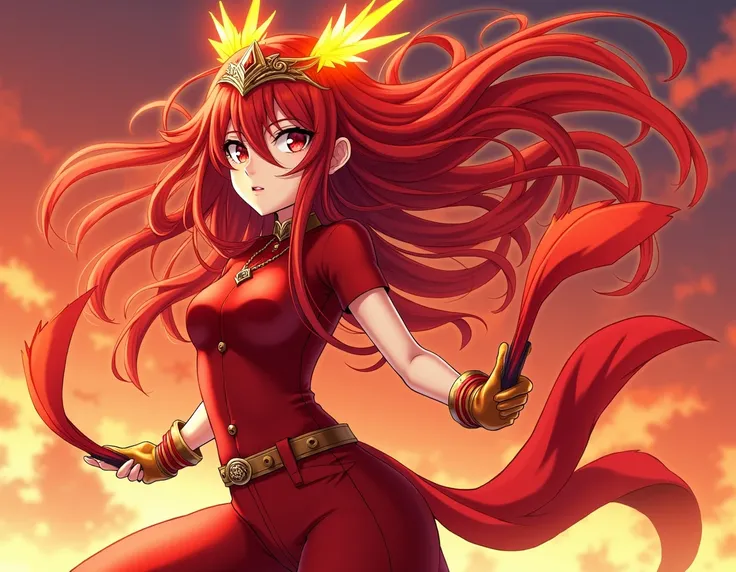 An anime girl with long red hair, red eyes, a red short-sleeved T-shirt, a pair of orange boots and long red trousers, a red cloth descends from the belt, she wears a bronze headband on her head with two small wings of fire