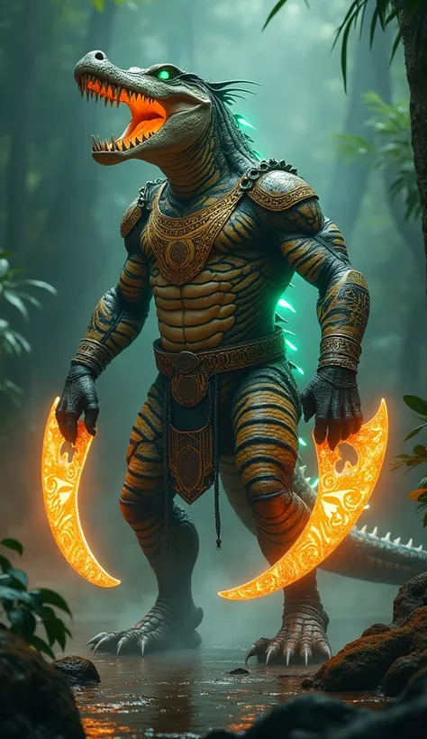 Create a formidable fusion hybrid of a crocodile and a tiger, reimagined as a mythical predator and protector of the jungle. This hybrid embodies the crocodile’s armored resilience and aquatic dominance with the tiger’s speed, agility, and fierce predatory...