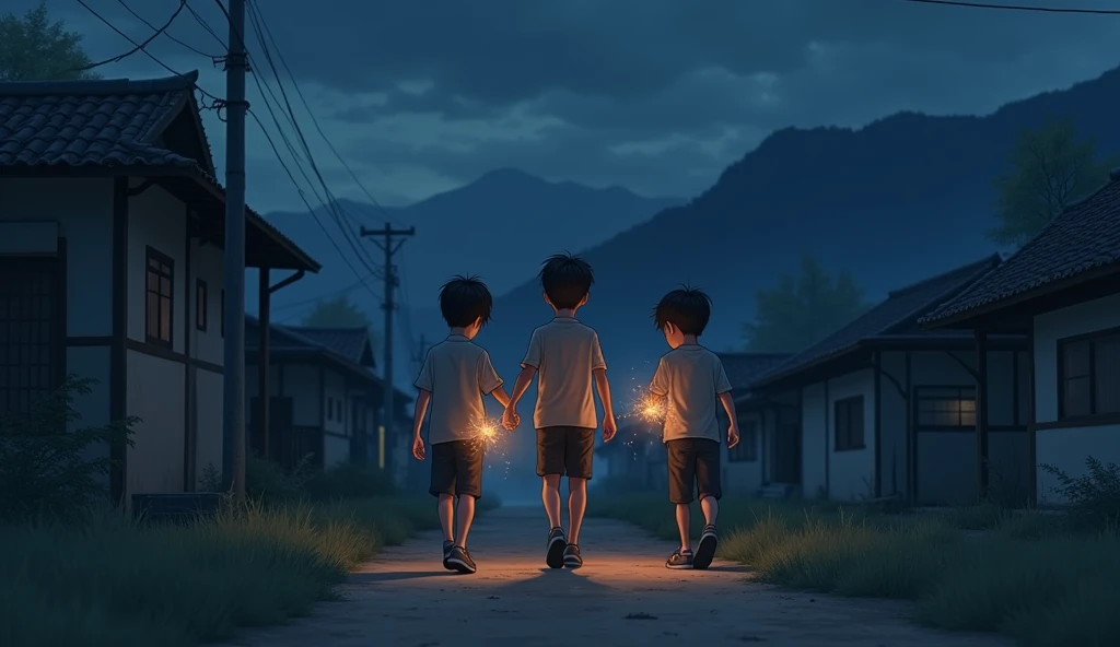 Three Boys Walking at Night
Three young boys holding small fireworks (crackers) in their hands, cautiously walking along a dirt path. The background shows a dimly lit village and the dark silhouette of mountains.